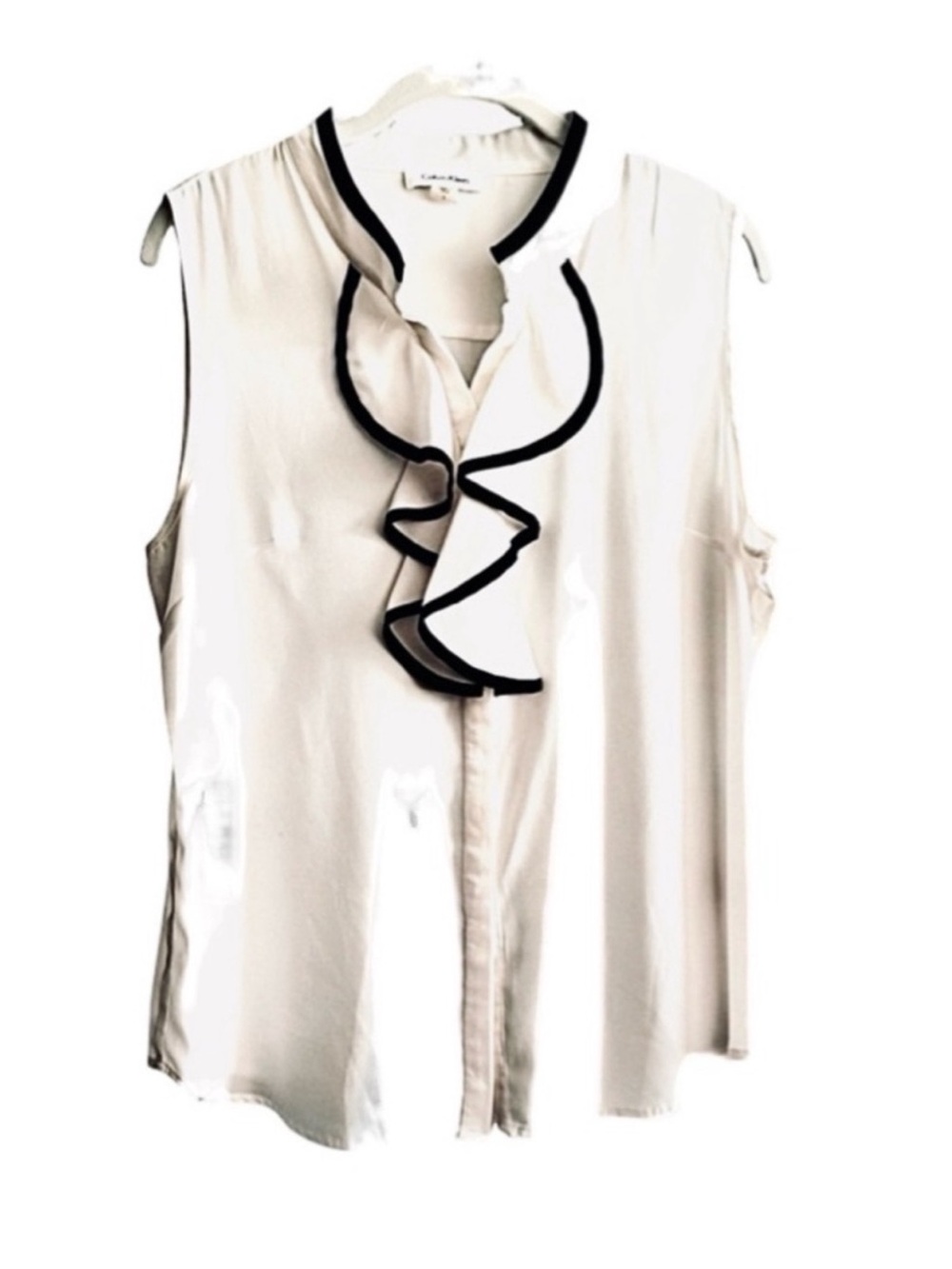Calvin Klein Sleeveless Ruffle Front Blouse Black Piping Ivory Off White Size L